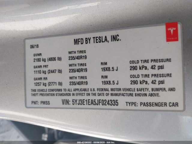 5YJ3E1EA5JF024335 Tesla Model 3 Long Range/mid Range