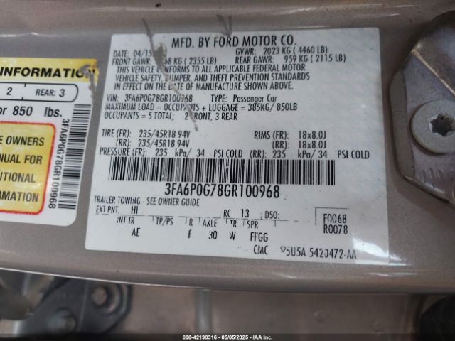 3FA6P0G78GR100968 Ford FUSION S