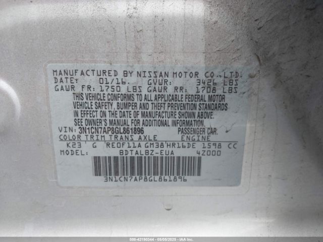 3N1CN7AP8GL861896 Nissan Versa 1.6 Sv