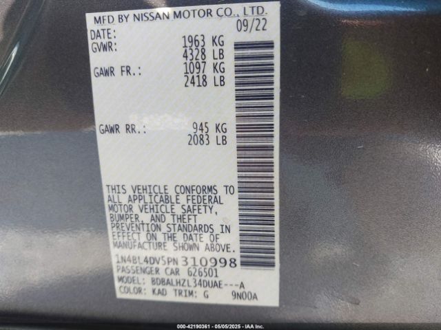 1N4BL4DV5PN310998 Nissan Altima Sv Fwd