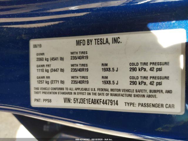 5YJ3E1EA8KF447914 Tesla Model 3 Long Range/mid Range/standard Range/standard Range Plus