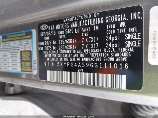 5XYPG4A59GG111016 KIA dohc gdi lambda ii