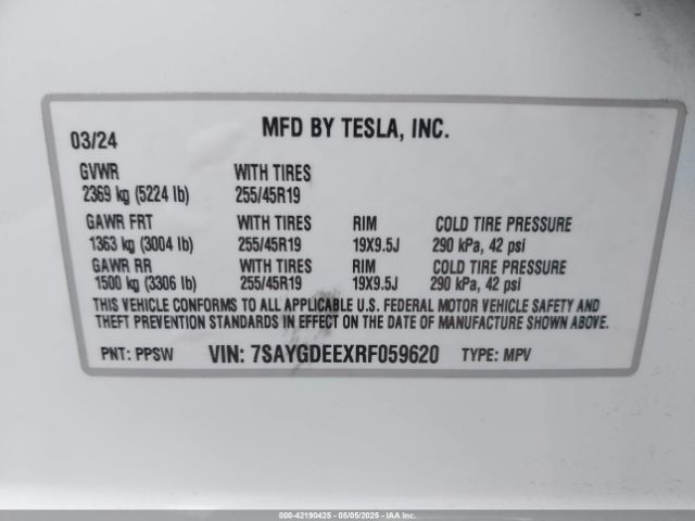 7SAYGDEEXRF059620 Tesla Model Y Long Range Dual Motor All-wheel Drive
