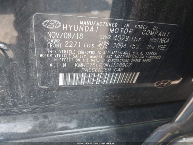 KMHC75LC0KU128967 Hyundai Ioniq Hybrid Sel