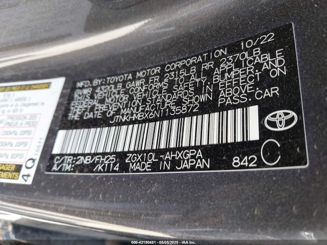 JTNKHMBX6N1135872 Toyota 3zr-fae