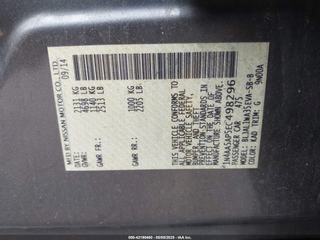 1N4AA5AP5EC498296 Nissan Maxima 3.5 Sv