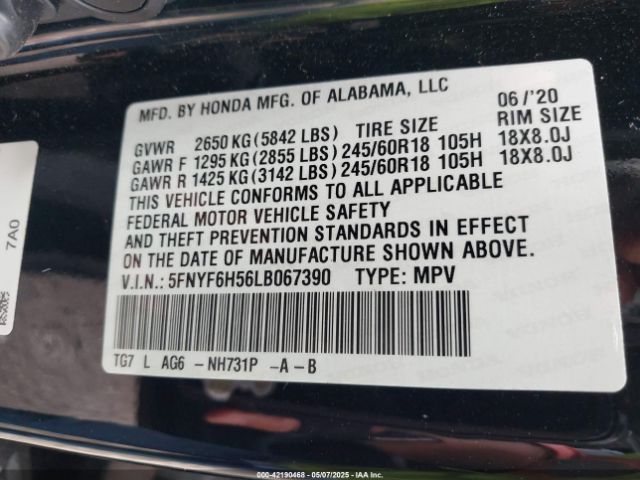 5FNYF6H56LB067390 Honda Pilot Awd Ex-l