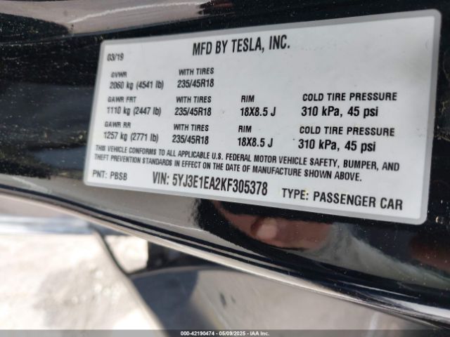 5YJ3E1EA2KF305378 Tesla Model 3 Long Range/mid Range/standard Range/standard Range Plus