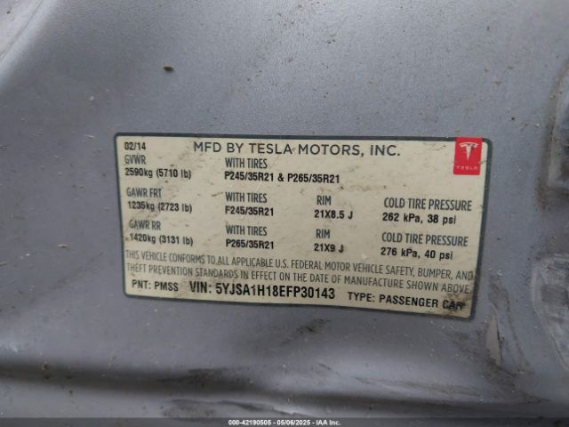2014 TESLA MODEL S 5YJSA1H18EFP30143 Photo 8