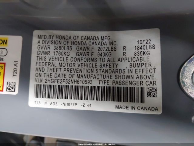 2022 HONDA CIVIC 2HGFE2F52NH610593 Photo 8
