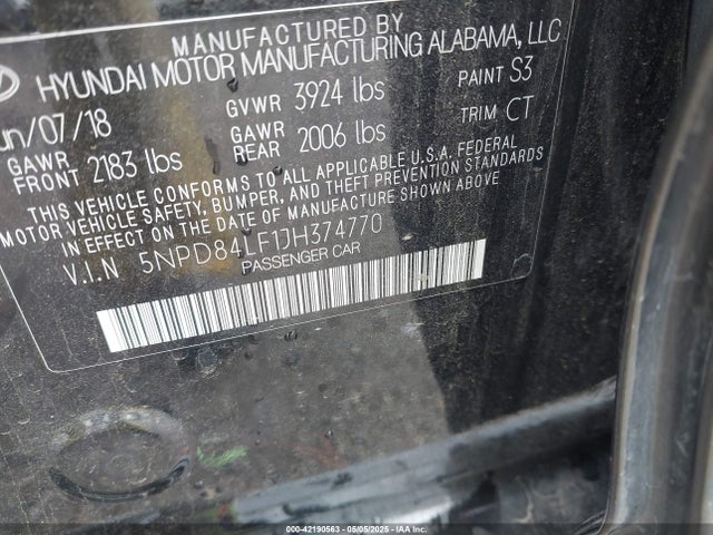 5NPD84LF1JH374770 Hyundai mpi nu