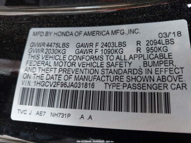 1HGCV2F96JA031816 Honda Accord Touring 2.0t