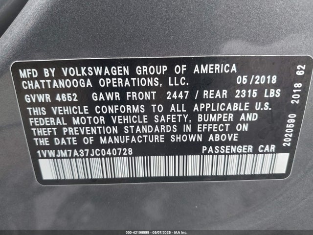 1VWJM7A37JC040728 Volkswagen Passat 3.6l V6 Gt