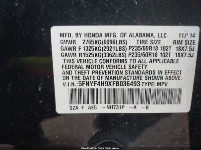 5FNYF4H9XFB036493 Honda Pilot Touring