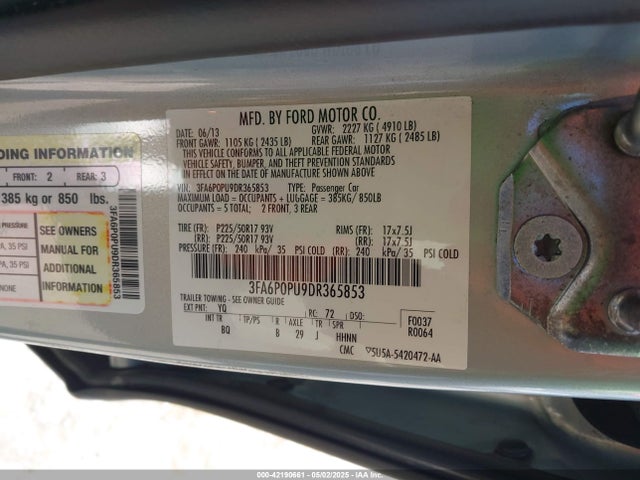 2013 Ford Fusion Energi Se Luxury მანქანა იყიდება აუქციონზე, vin: 3FA6P0PU9DR365853, აუქციონის ნომერი: 42190661