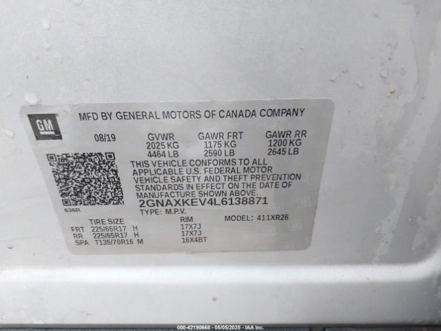 2GNAXKEV4L6138871 Chevrolet lyx - direct injection, vvt, fgt, turbo, alum, gen1