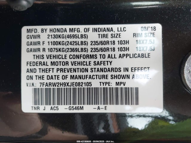 7FARW2H9XJE082105 Honda Cr-v Touring