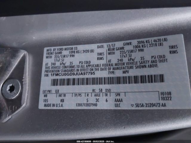1FMCU0GD9JUA97795 Ford ESCAPE SE