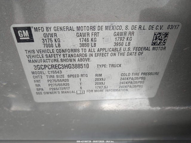 3GCPCREC3HG388510 Chevrolet l83 - sidi: spark ignited direct injection, vvt: variable valve timing, afm, e85 max, alum