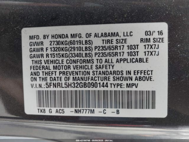 5FNRL5H32GB090144 Honda ODYSSEY SE
