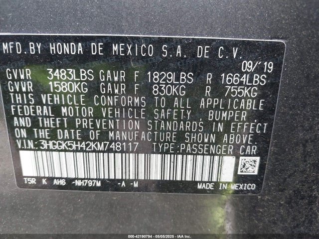 3HGGK5H42KM748117 Honda FIT LX