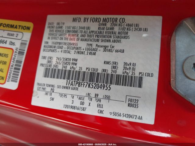 2019 FORD MUSTANG 1FATP8FF7K5204955 Photo 8