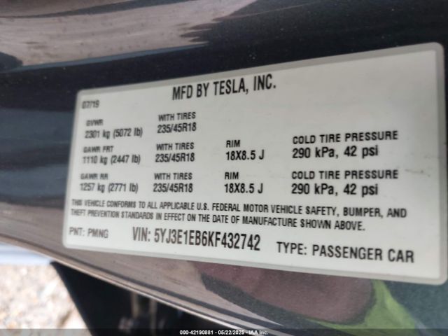5YJ3E1EB6KF432742 Tesla Model 3 Long Range/performance