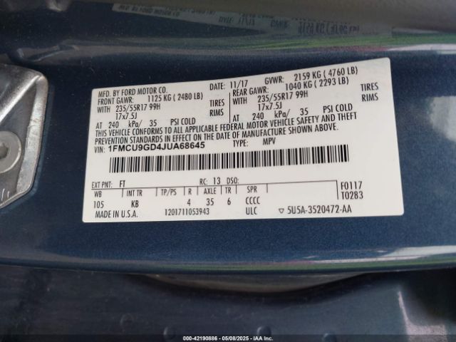 1FMCU9GD4JUA68645 Ford ESCAPE SE