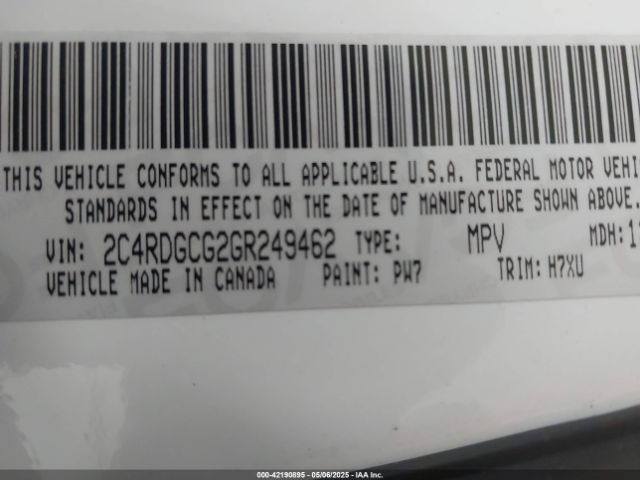 2C4RDGCG2GR249462 Dodge Grand Caravan Sxt