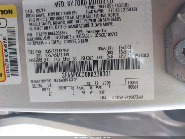 3FA6P0CD0KR238301 Ford FUSION SEL