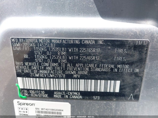 2T3WFREV1JW427878 Toyota Rav4 Xle