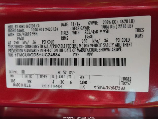 1FMCU0GD5HUC24584 Ford ESCAPE SE