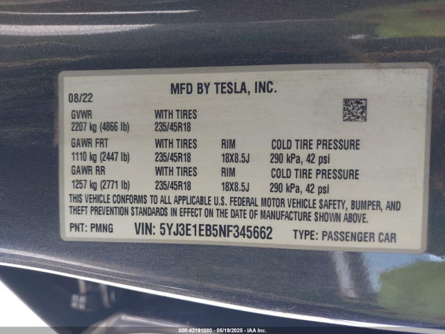 2022 TESLA MODEL 3 5YJ3E1EB5NF345662 Photo 8