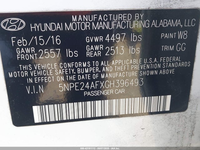 5NPE24AFXGH396493 Hyundai dohc gdi theta-ii