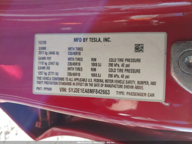 2021 TESLA MODEL 3 5YJ3E1EA8MF842663 Photo 8