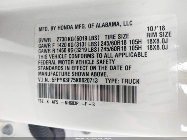 5FPYK3F75KB020713 Honda Ridgeline Rtl-e