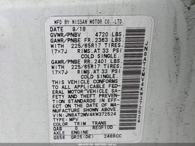 JN8AT2MV4KW372524 Nissan ROGUE SV