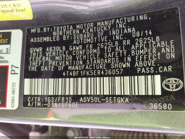 4T4BF1FK5ER436057 Toyota CAMRY XLE