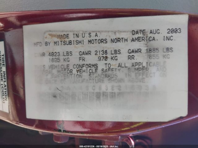 2003 MITSUBISHI GALANT 4A3AA46G83E216938 Photo 8