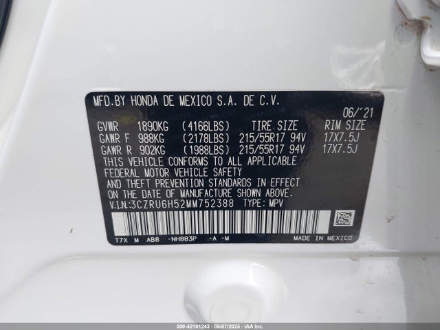 3CZRU6H52MM752388 Honda Hr-v Awd Ex