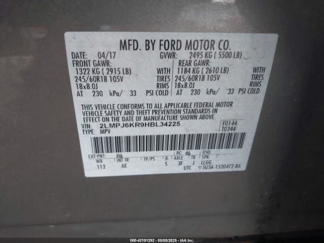 2LMPJ6KR9HBL34225 Lincoln Mkx Select