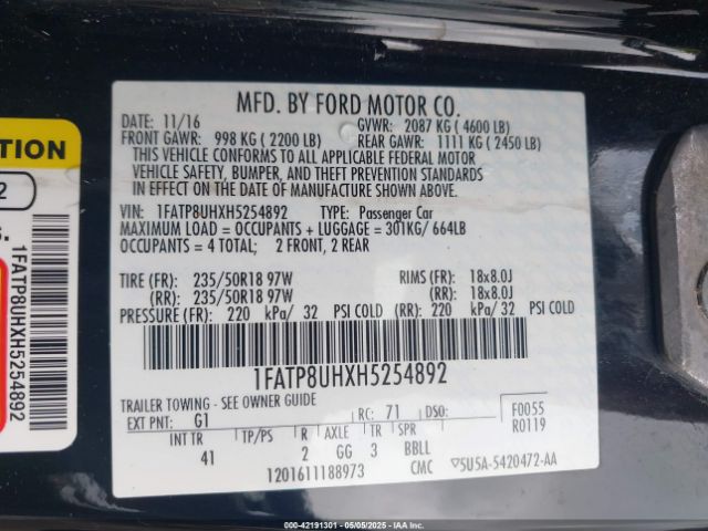 2017 FORD MUSTANG 1FATP8UHXH5254892 Photo 8