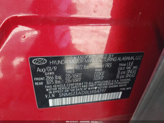 5NMS23AD0LH154797 Hyundai Santa Fe Se