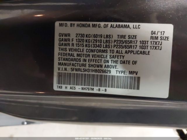 5FNRL5H31HB026629 Honda ODYSSEY SE