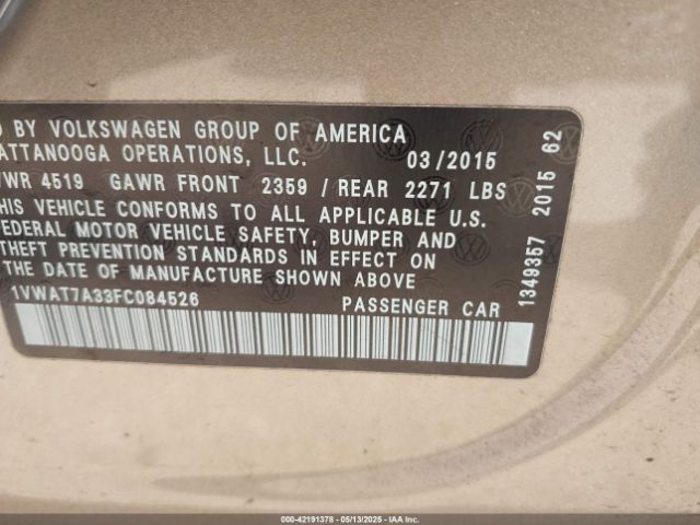 1VWAT7A33FC084526 Volkswagen Passat 1.8t Wolfsburg Edition