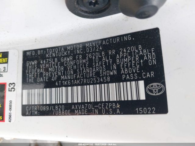 4T1K61AK7RU253458 Toyota CAMRY XSE