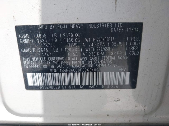 4S4BSACC0F3263400 Subaru 2.5l u5