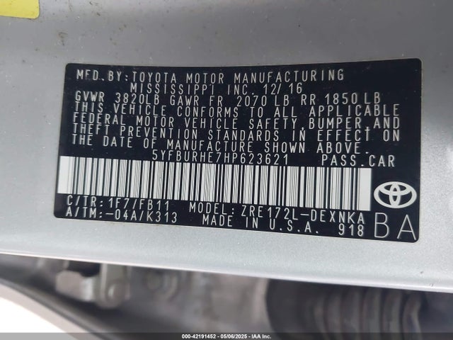 5YFBURHE7HP623621 Toyota 2zr-fe