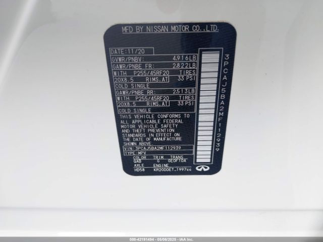 3PCAJ5BA2MF112939 Infiniti Qx50 Luxe