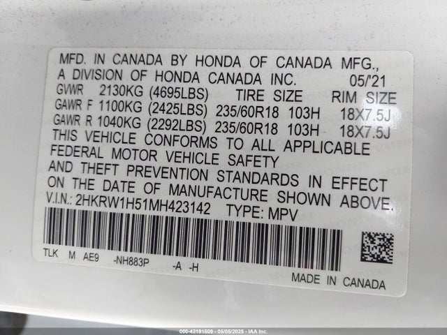 2HKRW1H51MH423142 Honda l15be